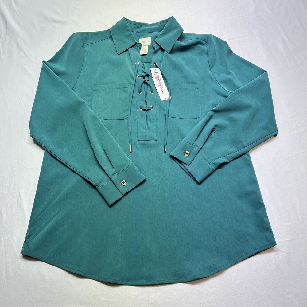 Chico's NWT Silky Soft Lace Up Tunic Pacific Teal Blouse Sz OP